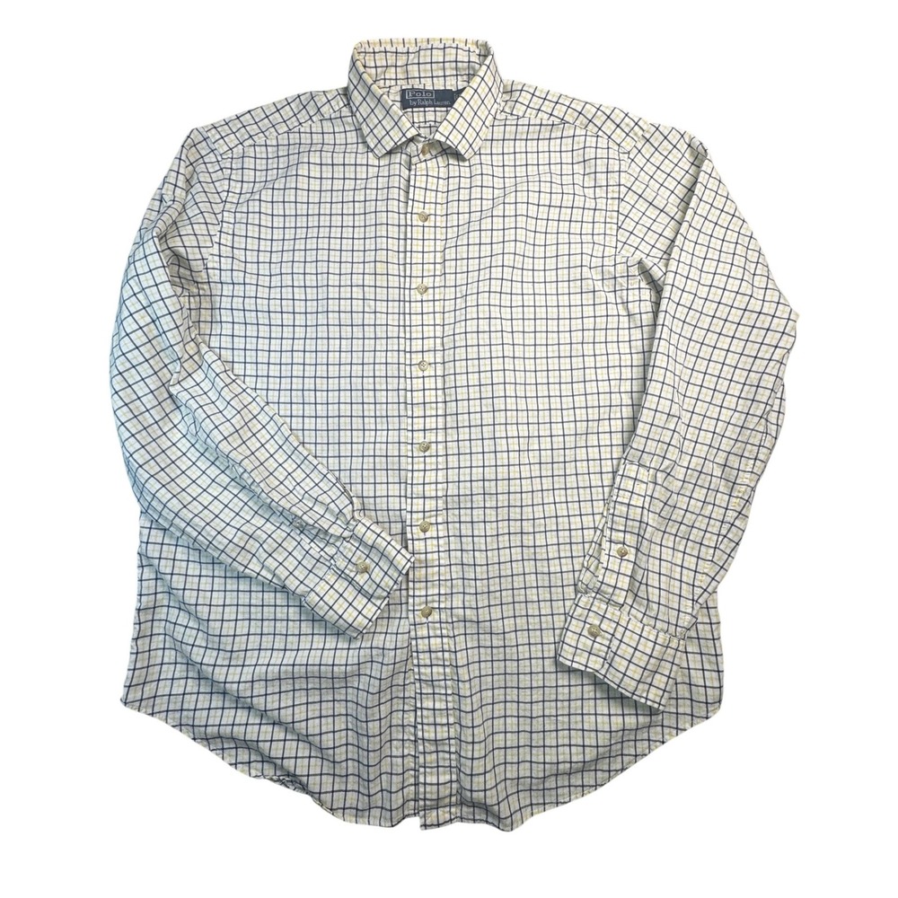 Polo Ralph Lauren Mens XL Button Down Shirt Yellow Navy Blue Grid Check Long Slv